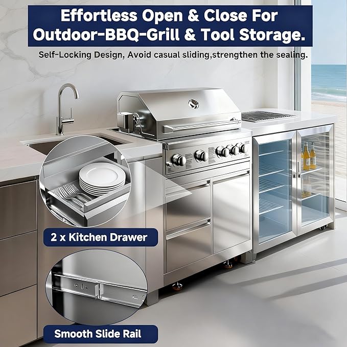 BODEGA Stainless Steel Outdoor Kitchen Drawer Cabinet for Built-in BBQ Grill with 2 Drawers and Propane Tank Storage,Outdoor kitchen storage perfect for Outdoor Kitchen BBQ Island.For all weather use.