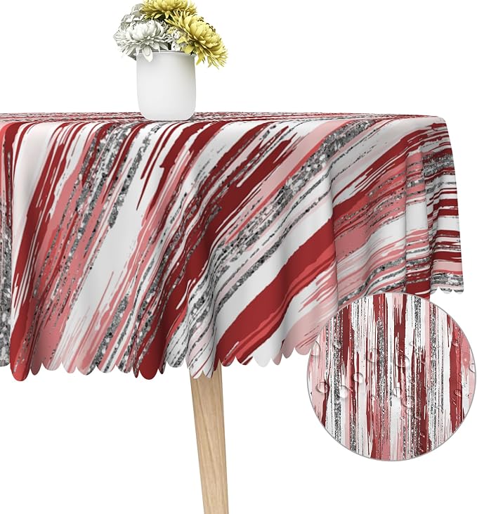 Abstract Striped Circle Tablecloth 60 Inch Red and White Old Texture Grunge Stripes Vintage Mosaic Dust-Proof Round Table Cover Protector for Kitchen Restaurant Picnic Camping BBQ Burgundy
