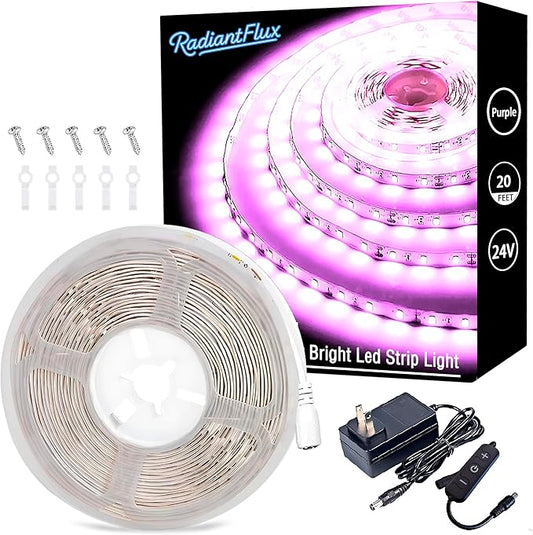 RadiantFlux 20Ft Purple LED Strip Lights with Physical Dimming Button, Super Bright Updated 24V Light Strips, LED Lights for Decoration Living Room, Party, Cabinets, Rope Lights