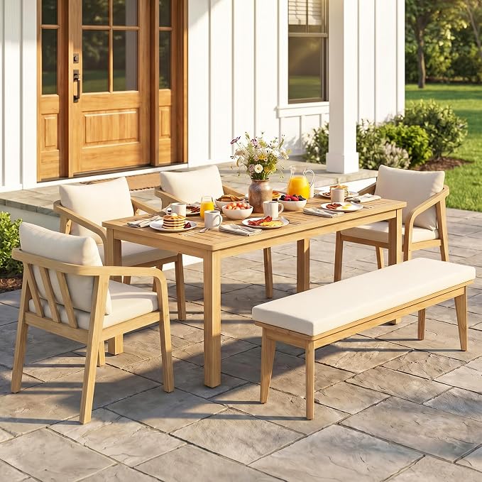 FansaFurn 6 Pieces Acacia Outdoor Patio Table and Chairs Set for All-Weather, Outside Furniture with Table Umbrella Hole and Removable Cushion for 6, Outdoor Furniture Set for Garden, Patio, Beige