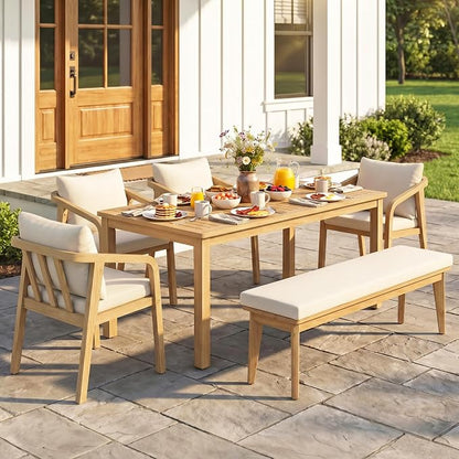 FansaFurn 6 Pieces Acacia Outdoor Patio Table and Chairs Set for All-Weather, Outside Furniture with Table Umbrella Hole and Removable Cushion for 6, Outdoor Furniture Set for Garden, Patio, Beige