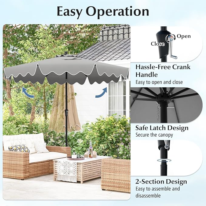 Tangkula 9Ft Patio Umbrella with Crank, 2-Tier Outdoor Umbrella with Push Button Tilt, Sun-Protective Canopy, 8 Ribs, Scalloped Patio Umbrella for Outdoor Beach Deck Pool Table (Gray)