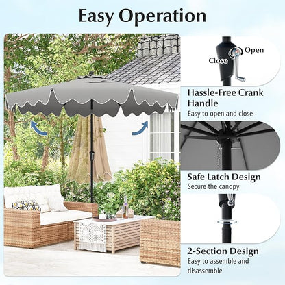 Tangkula 9Ft Patio Umbrella with Crank, 2-Tier Outdoor Umbrella with Push Button Tilt, Sun-Protective Canopy, 8 Ribs, Scalloped Patio Umbrella for Outdoor Beach Deck Pool Table (Gray)