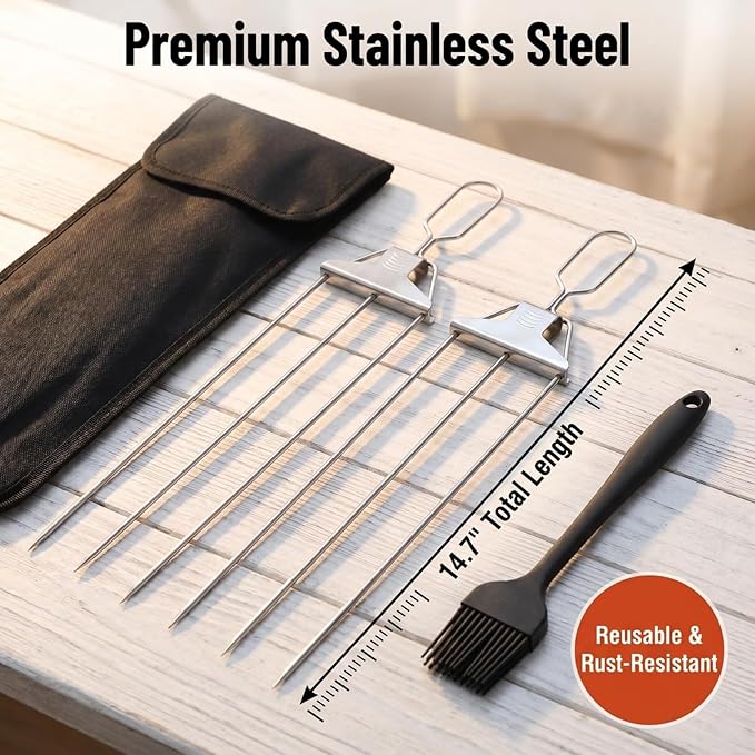 3 Prong Skewers for Grilling, 14.7" Stainless Steel BBQ Kabob Skewers with Push-Off Slider, Reusable Metal Skewer Sticks with Storage Bag & Basting Brush for Meat, Chicken, Veggies, Outdoor Cooking
