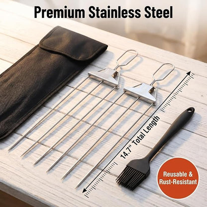 3 Prong Skewers for Grilling, 14.7" Stainless Steel BBQ Kabob Skewers with Push-Off Slider, Reusable Metal Skewer Sticks with Storage Bag & Basting Brush for Meat, Chicken, Veggies, Outdoor Cooking