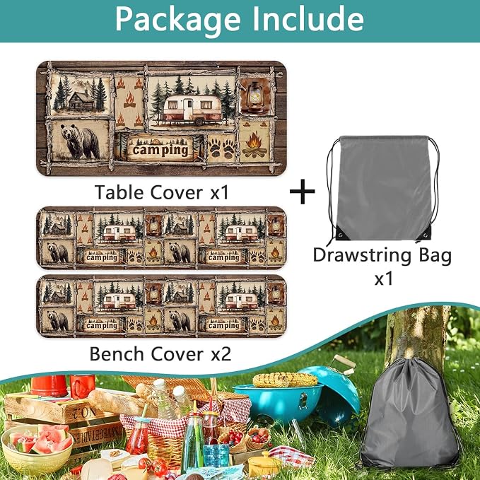 Picnic Table Cover with Bench Covers Elastic Edges, Cabin Bear Camper Rustic Fitted Table Cover, Outdoor Patio Camping Essentials 3PCS, Waterproof Camping Tablecloth with Drawstring Bag 60 in