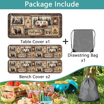 Picnic Table Cover with Bench Covers Elastic Edges, Cabin Camper Rustic Fitted Table Cover, Outdoor Patio Camping Essentials 3PCS, Waterproof Camping Tablecloth with Drawstring Bag 96in