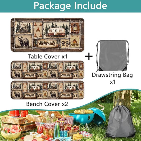 Picnic Table Cover with Bench Covers Elastic Edges, Cabin Camper Rustic Fitted Table Cover, Outdoor Patio Camping Essentials 3PCS, Waterproof Camping Tablecloth with Drawstring Bag 96in