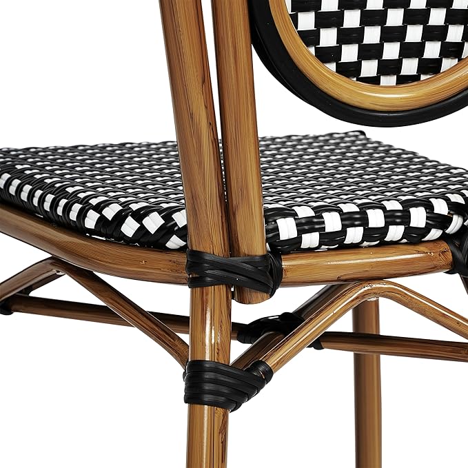 Flash Furniture Lourdes Indoor/Outdoor Commercial Thonet Bistro Stack Chair - Black/White PE Rattan Back and Seat - Natural Bamboo Print Metal Frame