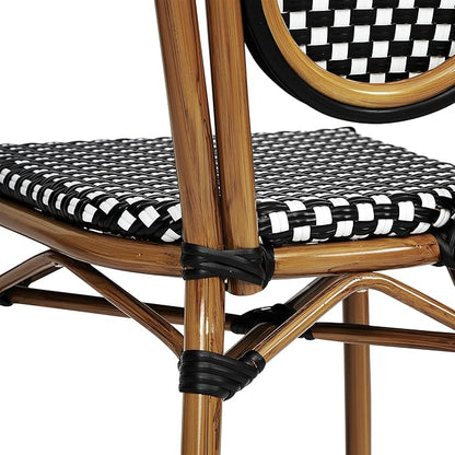 Flash Furniture Lourdes Indoor/Outdoor Commercial Thonet Bistro Stack Chair - Black/White PE Rattan Back and Seat - Natural Bamboo Print Metal Frame