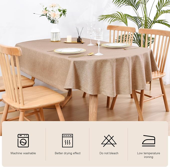 Wolkemer Faux Linen Oval Tablecloth Heavy Duty Wrinkle Resistant Fabric Table Cloths 60 x 102 Inch Flaxen Farmhouse Rustic Table Cover for Kitchen Dining Indoor Outdoor Tabletop Decoration