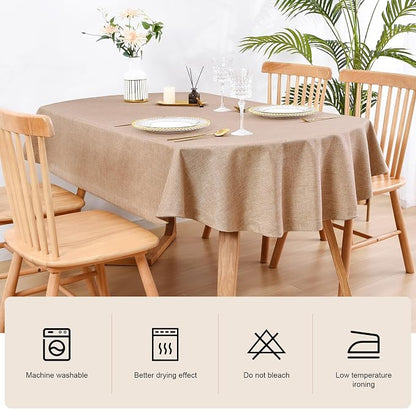 Wolkemer Faux Linen Oval Tablecloth Heavy Duty Wrinkle Resistant Fabric Table Cloths 60 x 102 Inch Flaxen Farmhouse Rustic Table Cover for Kitchen Dining Indoor Outdoor Tabletop Decoration