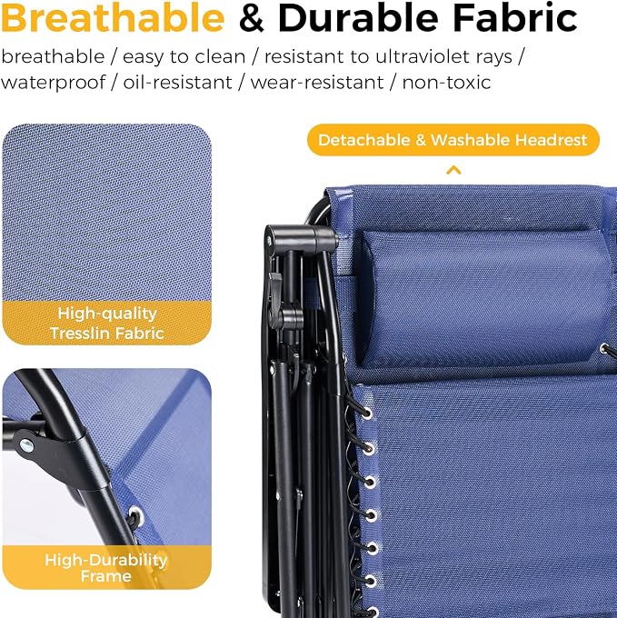 NEWBULIG Zero Gravity Chairs Set of 4, Folding Lounge Chair, Navy Blue | Portable Lawn Camping Recliner with Adjustable Pollow, Mesh Back, Cup Holder Trays for Pool Beach Patio