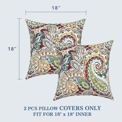 LVTXIII 2 Pack Outdoor Pillow Covers ONLY 18x18 Inch, Water-Repellent Square Decorative Cushion Covers for Patio Furniture, Garden, Sofa, Vibrant Paisley
