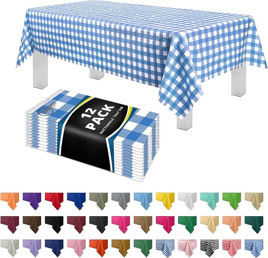 Grandipity 12 Pack Premium Disposable Plastic Picnic Tablecloth 54 Inch. x 108 Inch. Decorative Rectangle Table Cover - Blue Checkered Gingham