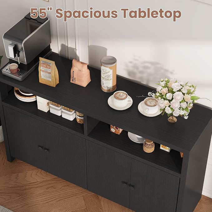 Buffet Sideboard Cabinet with Storage, 55" Kitchen Storage Cabinet, Black | 4 Doors & Adjustable Shelves, Farmhouse Wood Coffee Bar Cabinet for Kitchen, Dining Room, Living Room