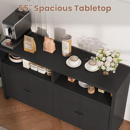 Buffet Sideboard Cabinet with Storage, 55" Kitchen Storage Cabinet, Black | 4 Doors & Adjustable Shelves, Farmhouse Wood Coffee Bar Cabinet for Kitchen, Dining Room, Living Room