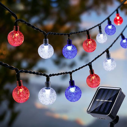 Patriotic Red White Blue Solar String Lights Outdoor Waterproof IP65 9.3ft 20 LED Crystal Globe for 4th of July, Patio Backyard Porch Party Decor Camping (Red White Blue)