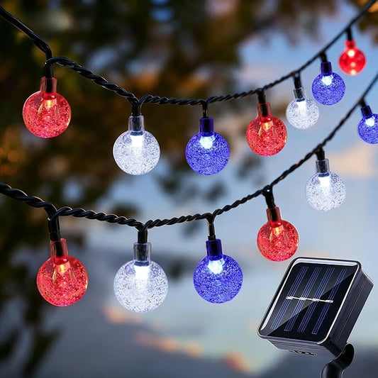 Patriotic Red White Blue Solar String Lights Outdoor Waterproof IP65 9.3ft 20 LED Crystal Globe for 4th of July, Patio Backyard Porch Party Decor Camping (Red White Blue)