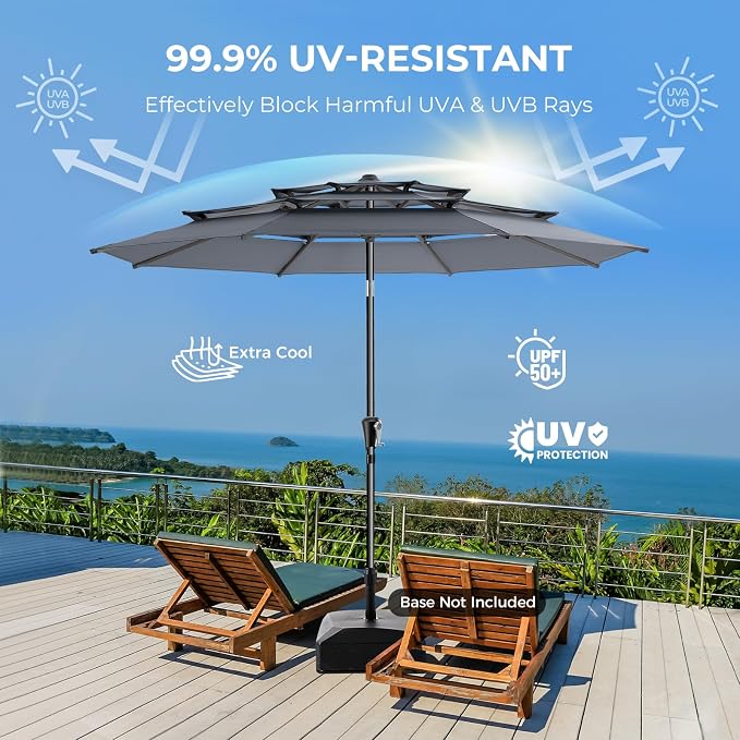9FT 3-Tier Patio Umbrella, Vented Outdoor Market Table Umbrella | 5-year fade resistant commercial canopy with UPF50+ UV protection. Push button tilt & crank for pool, backyard, deck shade