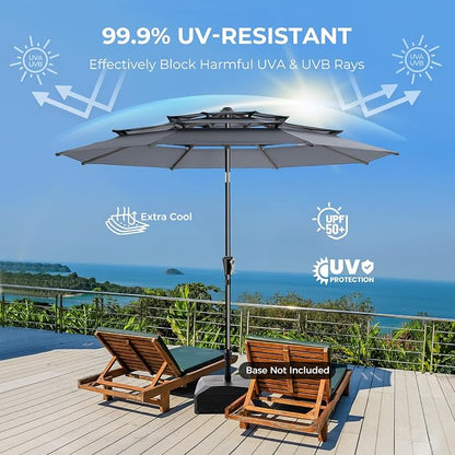 9FT 3-Tier Patio Umbrella, Vented Outdoor Market Table Umbrella | 5-year fade resistant commercial canopy with UPF50+ UV protection. Push button tilt & crank for pool, backyard, deck shade