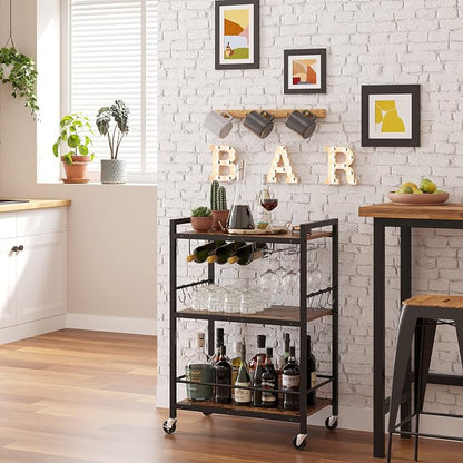 TUTOTAK Bar Cart with Wheels, Drink Cart with Wine Rack and Glass Holder | 3-Tier 23.7 Inch Wide Home Bar Serving Carts, Small Mobile Kitchen Shelf with 6 Hooks, Rustic Brown BC01BB030