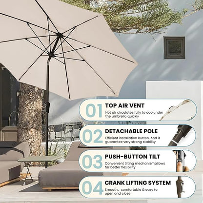 9FT Large Outdoor Patio Umbrella Pool Market Umbrella-UV Resistant, Easy Push Button Tilt and Crank, 8 Sturdy Ribs Heavy-Duty Table Umbrella for Deck, Backyard,Garden (Beige)