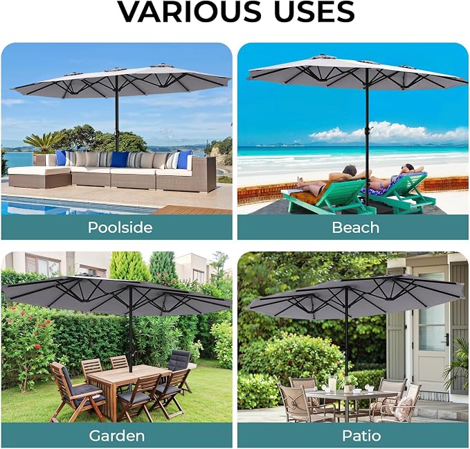 15ft Patio Umbrella with Base, 10-Year-No-Fade Large Outdoor Double-Sided Market Umbrella with UPF50+Terylene Polyester Fabric and Crank for Poolside Garden Deck Backyard Beach Pools
