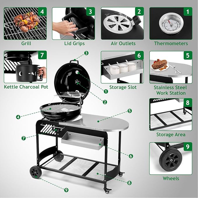 43" Portable Charcoal Grill with Cart 21" BBQ Grill with Porcelain-Enameled Lid, Slide-Out Ash Catcher and Thermometer for Backyard Camping Picnic and Tailgating Garden Party Easy-to-Clean