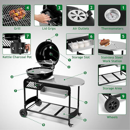 43" Portable Charcoal Grill with Cart 21" BBQ Grill with Porcelain-Enameled Lid, Slide-Out Ash Catcher and Thermometer for Backyard Camping Picnic and Tailgating Garden Party Easy-to-Clean