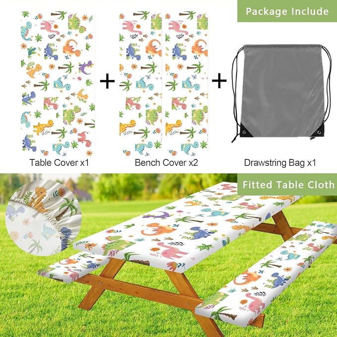Funny Dinosaur Picnic Table Cover with Bench Covers and Bag, Camping Essentials, Animal Waterproof Windproof Fabric, Fitted Tablecloth Cover with Elastic Edge, for Indoor & Outdoor, 3 PCS, 30x72 Inch