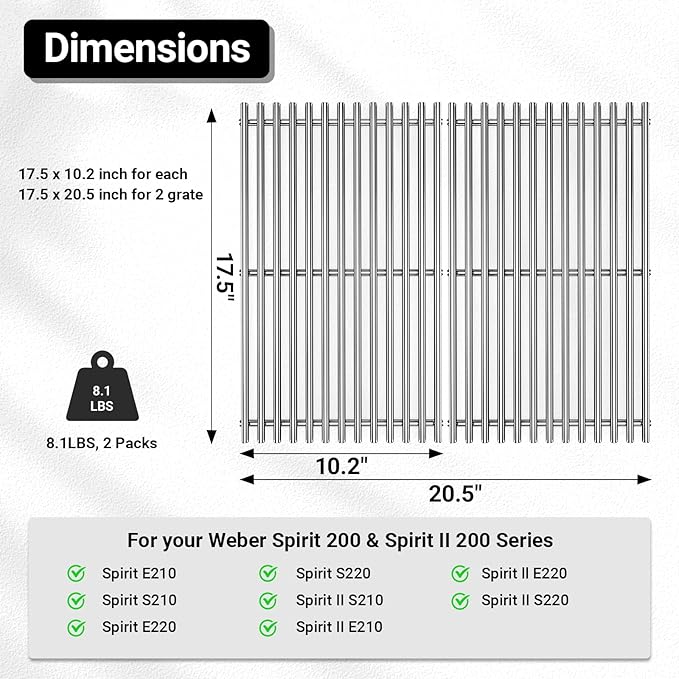 Spirit Grill Grates Stainless Steel 7637 for Weber Spirit E210 Grill Replacement for Weber Spirit 200 & Spirit GS4 II E210 Grill Parts for Weber Spirit Stainless Steel Grates 17.5" E210 E220 S210 S220