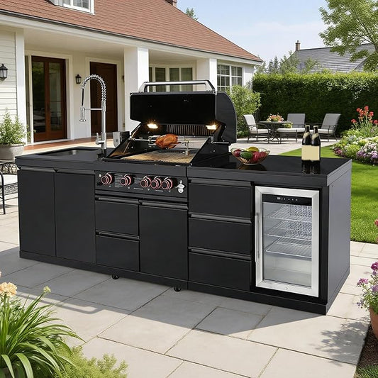 103" All-in-One Outdoor Kitchen Island,4 Burner Modular Kitchen with Grill Station Cabinetry,304 Stainless Black Granite, Sink, Fridge, BBQ Set for Patios & Backyards (Black, 103 IN)