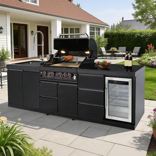 102.4 Inch Outdoor Kitchen Island | 4 Burner Propane Gas BBQ Grill with Sink and Refrigerator, 59500 BTU 304 Stainless Steel, Black (Black, 102.4"')