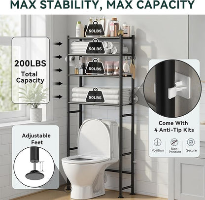 GloTika 4-Tier Over The Toilet Storage, 200lb Total Capacity Metal Bathroom Organizer with 36" Clearance, Includes Paper Holder & 4 Hooks, Space Saving Rack for Bathroom Laundry Room (64" H, Black)