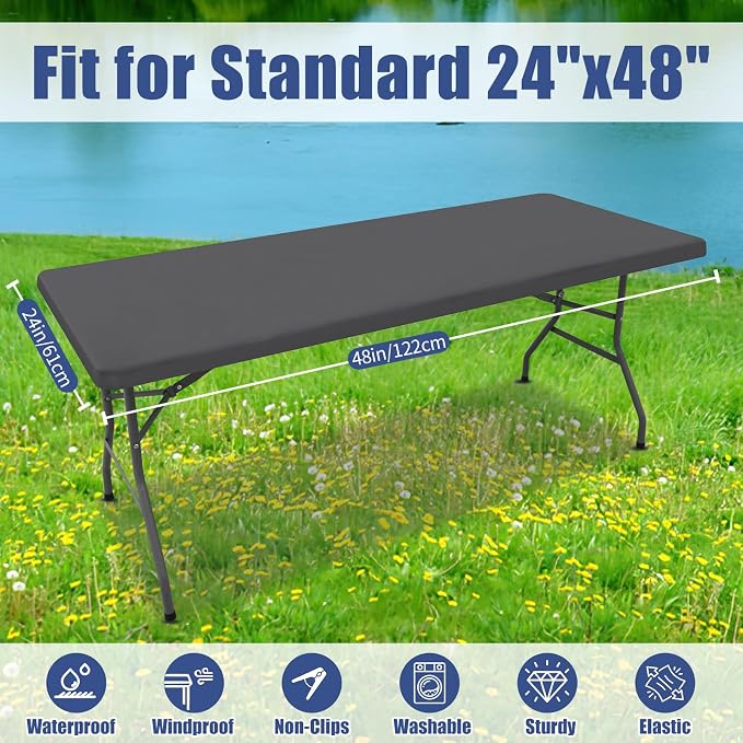 Moosfor 2 Pack Rectangle Spandex Fitted Table Cloth, 4FT Elastic Tablecloth | Washable Picnic Table Cover, Stretch Waterproof Table cloths for Party, Patio, Dining, Kitchen, 24" x 48", Dark Grey