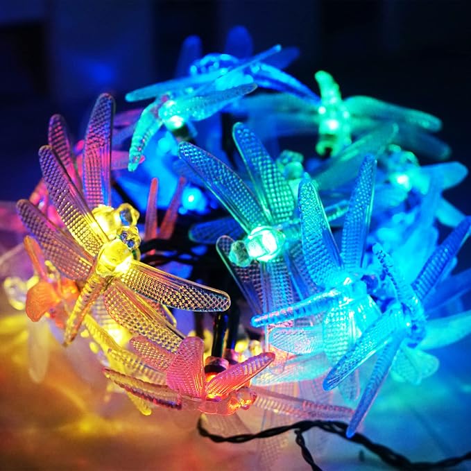 Solar Dragonfly String Light 30LED 21ft Garden Stake Lights Waterproof Outdoor Twinkle Fairy Lights with 8 Lighting Modes for Trees Patio Fence Christmas Decor (Multi-Colored)