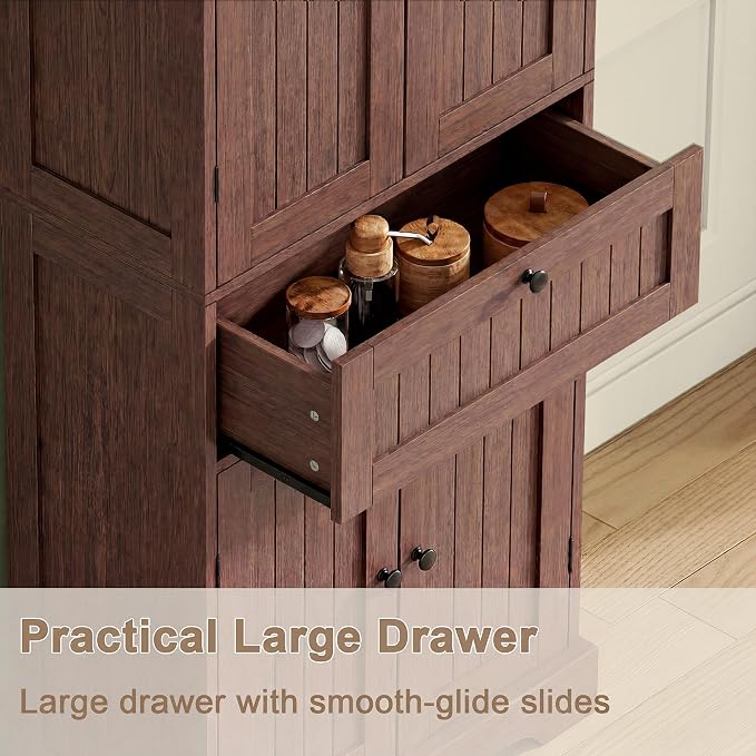 ChooChoo 51" H Bathroom Floor Cabinet with Drawers and Adjustable Shelves | Bathroom Storage Cabinet, Freestanding Kitchen Pantry Cupboard with 4 Doors for Living Room, Walnut