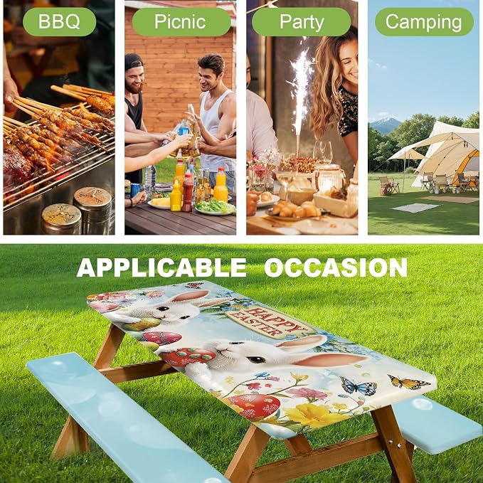 ANNA QUEEN Easter Garden 6FT Picnic Table Cover with Bench Covers Set of 3 with Drawstring Bag, Bunny Eggs Flowers 72"x30" Waterproof Picnic Tablecloth & Bench Covers for Outdoor Dining