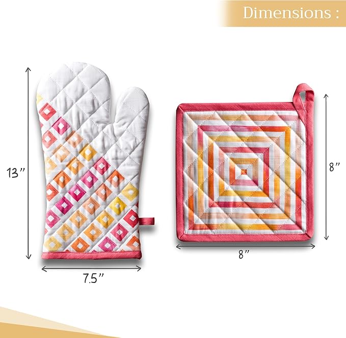 Maison d' Hermine 100% Cotton Oven Mitt & Pot Holder Set (7.5"x13" & 8"x8") Heat Resistant BBQ Cooking Gloves with Loop Baking Grilling Kitchen Hotel Home Farmhouse Spring Summer (Summer Maze)
