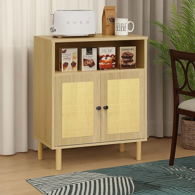 Boho Accent Cabinet with Rattan Doors, Small Sideboard Buffet, Oak | Small Sideboard Buffet Cabinet for Entryway, Living Room, Kitchen Coffee Bar