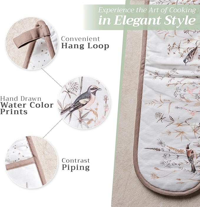 Maison d' Hermine Double Oven Mitts 100% Cotton 7"x35" Double Oven Mitt Heat Resistant BBQ Cooking Gloves with Loop Baking Grilling Kitchen Hotel Home Farmhouse Spring Summer (Meadow Florals - Brown)