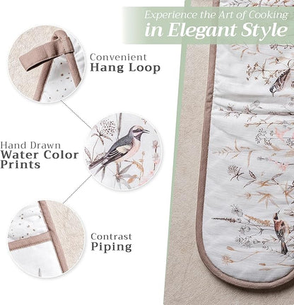 Maison d' Hermine Double Oven Mitts 100% Cotton 7"x35" Double Oven Mitt Heat Resistant BBQ Cooking Gloves with Loop Baking Grilling Kitchen Hotel Home Farmhouse Spring Summer (Meadow Florals - Brown)