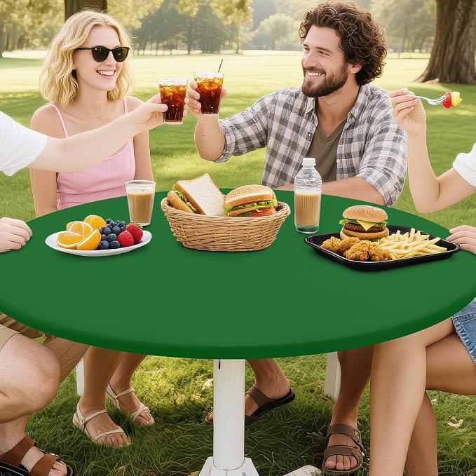 Smiry Round Spandex Tablecloth, Elastic Fitted Washable Tablecloths for 25"-30" Tables, Waterpoof Stretch Picnic Table Cover for Dining, Indoor and Outdoor, Emerald Green