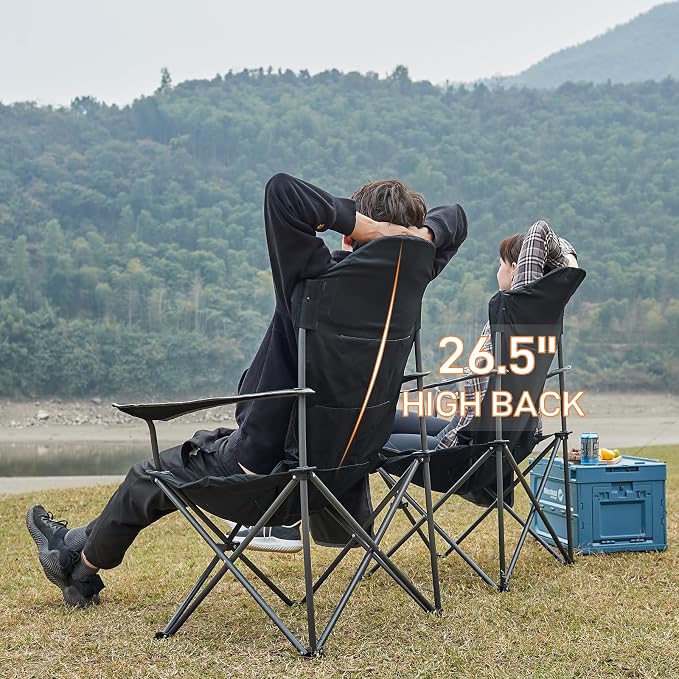 EVER ADVANCED High Back Folding Camping Chair Oversized and Fully Padded, Portable Quad Camp Lawn Chair Up to 400 lbs, with Cup Holder Armrest Carrying Bag