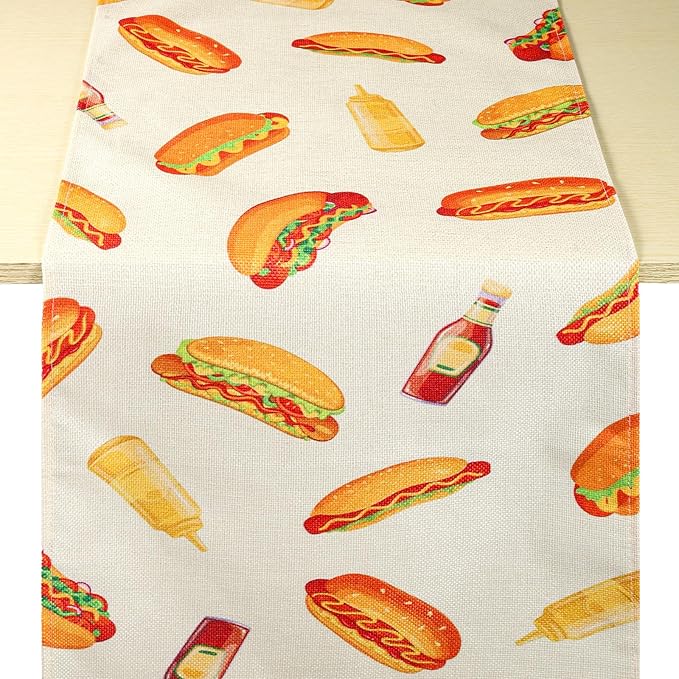 Penitue 13x72in/33x183cm Hot Dog Table Runner, Hot Dog Party Decorations Fast Food Sausage Theme Dining Table Cloth Tablecloth Decor for Indoor Outdoor Kitchen BBQ Supplies Accessories Gift Stuff