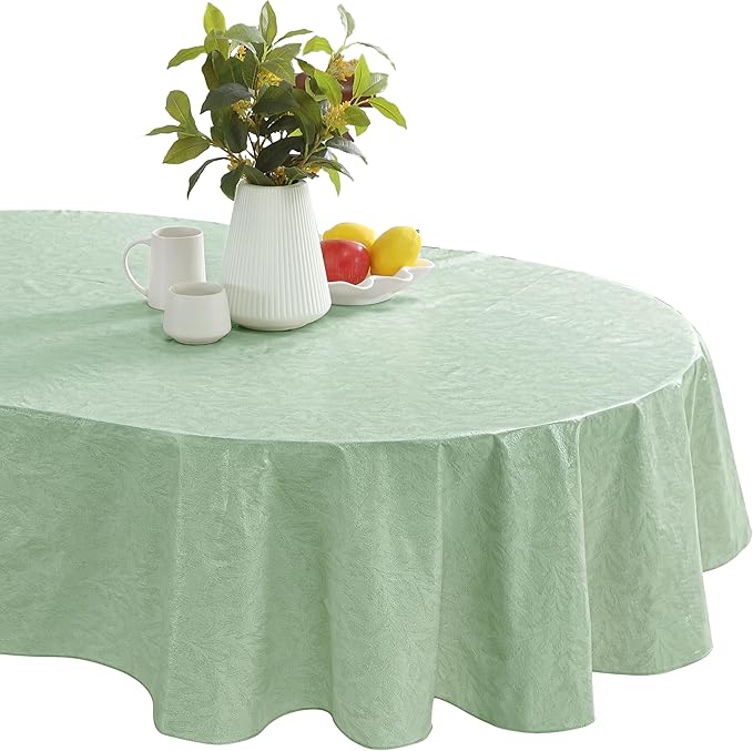 Newbridge Napa Leaf Sage Green Vinyl Flannel Backed Tablecloth, 60 x 84 Inch Oval, Hotel Quality Waterproof Indoor Outdoor Table Cover for Kitchen, Patio, Dining, BBQ