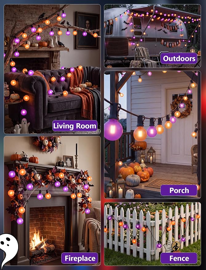 50FT G40 Halloween Orange and Purple Globe String Lights Outdoor Waterproof | Hanging Patio Light with 27 LED G40 Globe Bulbs, Plug in Outdoor Halloween Decorations Lights for Party Porch Garden Backyard