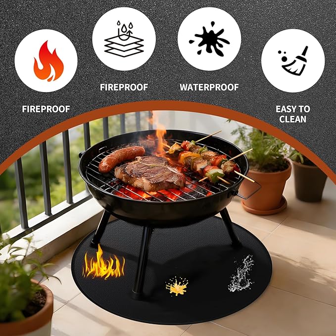 48'' Fire Pit Mat, Double-Sided Fireproof Under Grill Deck Protector Mat, Round BBQ Fireplace Pad for Patio, Indoor Outdoor Use, Waterproof/Oil-Proof/Reusable, Black
