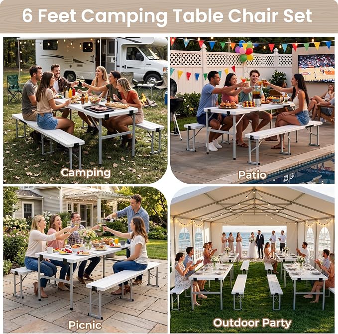 6' Picnic Table Set w/2 Benches 3-Piece 1-Case Camping Table Chair Set | HDPE Tree Pattern Top for Indoor or Outdoor Use Working Meeting Party, Camping, Picnic, Weddings With Handle Safety Locks
